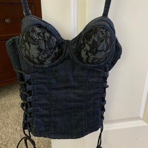 Guess? denim corset with black lace detail